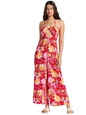 Roxy Tropical Floral Halter Dress - Red, Pink & Orange